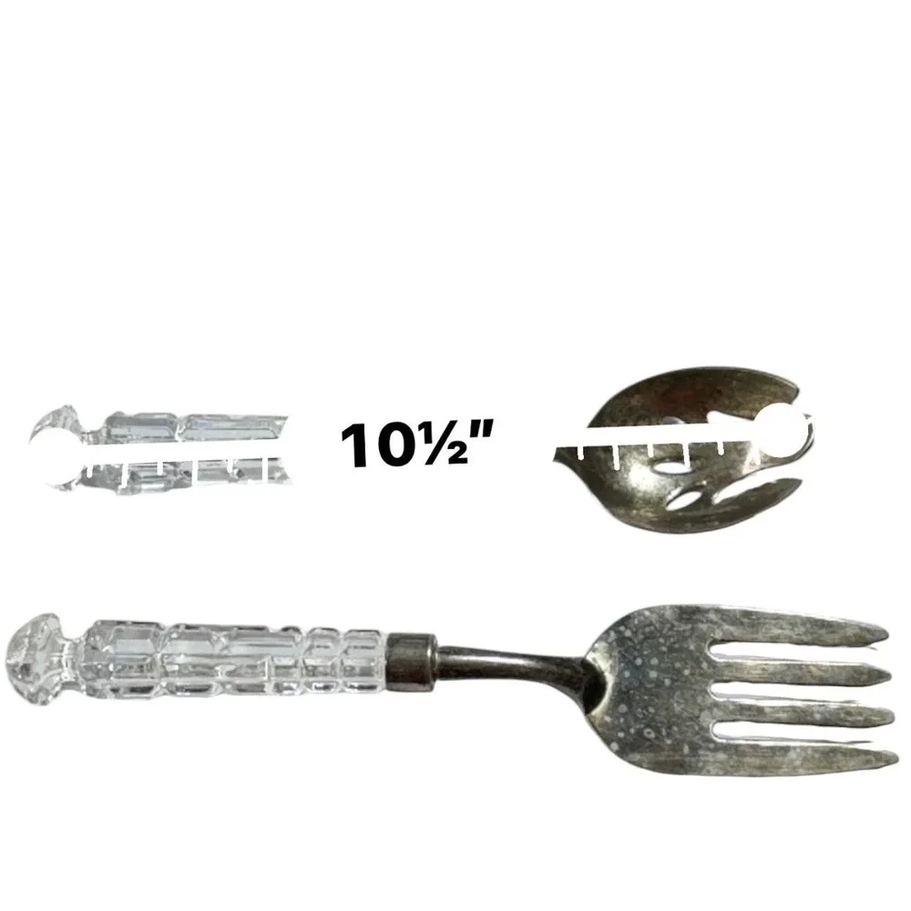 Vintage Salad Serving Set Faceted Glass Handles Silver Tone Fork Spoon 2 Piece